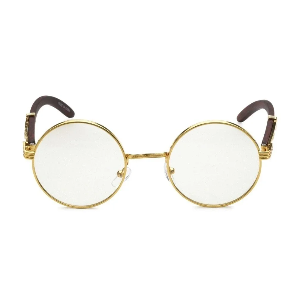 Round Glasses Gold Frame Wood Accent Clear Lens‎ Men's Fashion Hip Hop Festival
